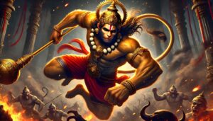 A fierce image of Lord Hanuman destroying demons, captured in a 1080p ultra hd hanuman hd wallpaper, radiating power and divine wrath.