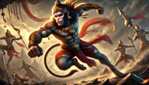 A victorious moment of Lord Hanuman defeating Ravana’s army, captured in this 1080p ultra hd hanuman hd wallpaper, full of divine triumph.