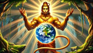 A majestic moment of Lord Hanuman holding the Earth, captured in this 1080p ultra hd hanuman hd wallpaper, radiating strength and divinity.