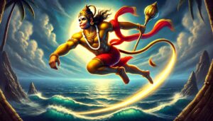 A 4K image of Lord Hanuman leaping across the ocean, captured in a dynamic 1080p ultra hd hanuman hd wallpaper, showing his divine power.