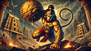 A 4K image of Lord Hanuman in a battle stance, showcasing his strength and divine aura in this 1080p ultra hd hanuman hd wallpaper.