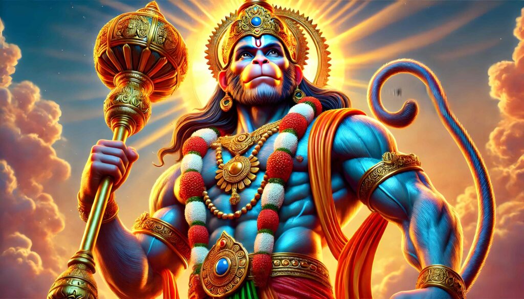 A 4K, hyperrealistic image of Lord Hanuman in powerful form, perfect for a stunning 1080p ultra hd hanuman hd wallpaper.