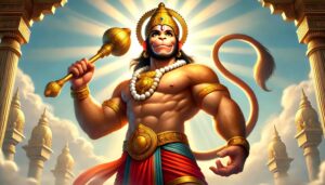 A victorious image of Lord Hanuman with his gada raised high, captured in this 1080p ultra hd hanuman hd wallpaper, showcasing divine triumph.