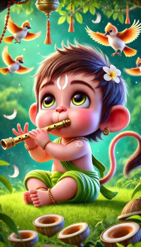 Joyful wallpaper cute baby Hanuman images showing him playing a tiny flute with happiness.