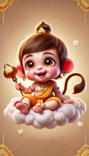 A joyful wallpaper cute baby Hanuman image holding his gada with divine energy and innocence.