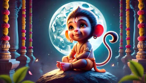 Wallpaper cute baby Hanuman images under the moonlight, sitting peacefully with his tail curled around him.