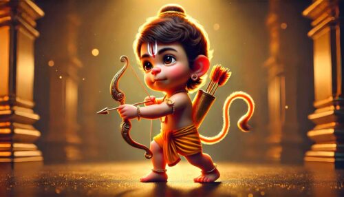 Wallpaper cute baby Hanuman images of him holding a bow and arrow with divine playfulness.