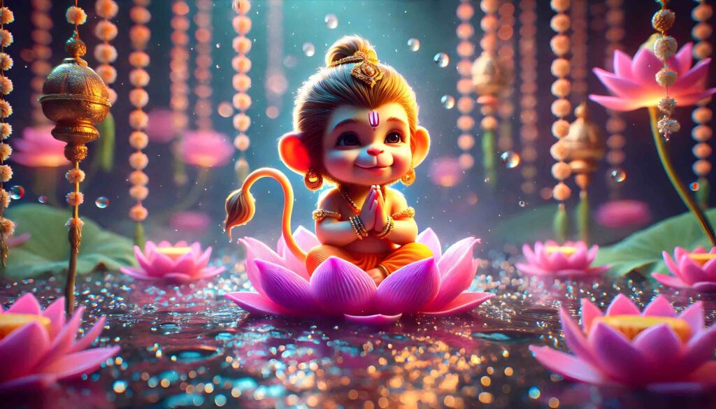 Peaceful wallpaper cute baby Hanuman images featuring him seated on a divine lotus.