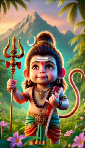 Divine wallpaper cute baby Hanuman images featuring him holding Lord Shiva’s trident.