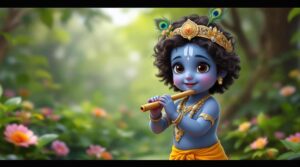 Cute Krishna images HD 1080p depicting Krishna in a sacred garden, surrounded by nature’s divine beauty and serenity.