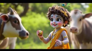 Experience cute Krishna images HD 1080p, with Krishna holding a cowbell and radiating divine innocence.