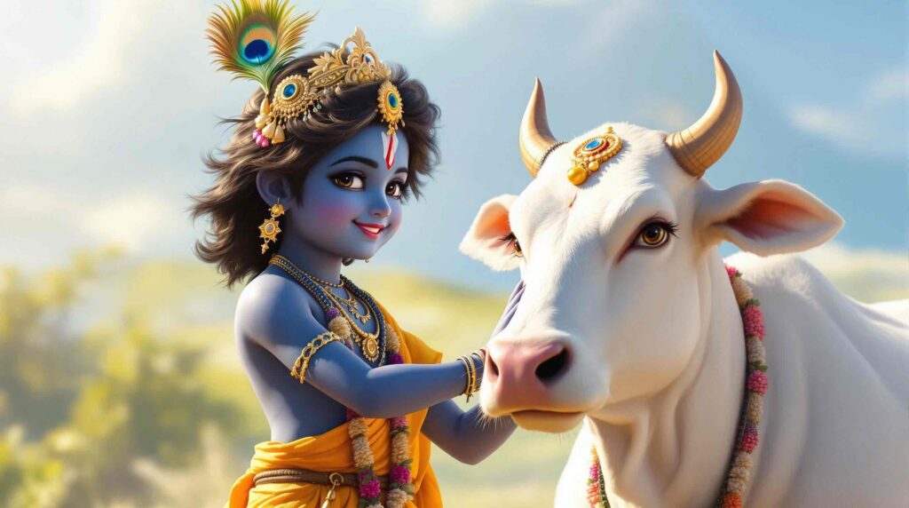 Admire cute Krishna images HD 1080p with Krishna and his sacred cow, radiating divine love and protection.