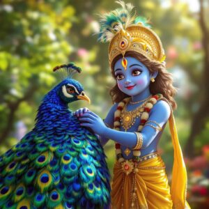 Explore cute Krishna images HD 1080p with Krishna and his divine peacock, symbolizing beauty and grace.