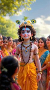 Explore cute Krishna images HD 1080p showing Krishna surrounded by gopis, radiating divine love and charm.