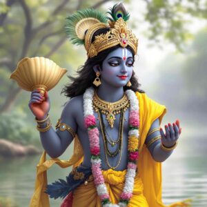 Cute Krishna images HD 1080p with Krishna holding the sacred conch, radiating divine power and purity.