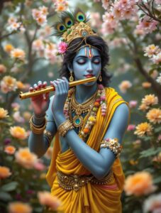 Explore cute Krishna images HD 1080p of the playful god with flute, surrounded by nature’s serenity and divine charm.