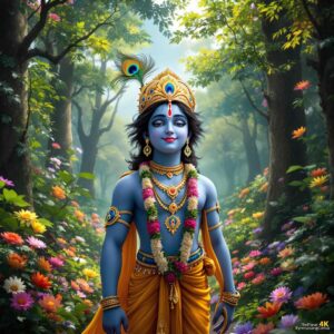 Cute Krishna images HD 1080p show Krishna in the blissful forest, radiating peace, love, and divine serenity.