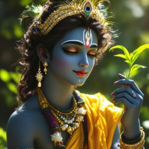 Discover cute Krishna images HD 1080p with Krishna holding a sacred Tulsi leaf, symbolizing purity and divine grace.