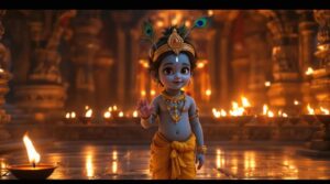 Discover cute Krishna images HD 1080p of Krishna in a temple, radiating divine grace and serenity in a sacred space.