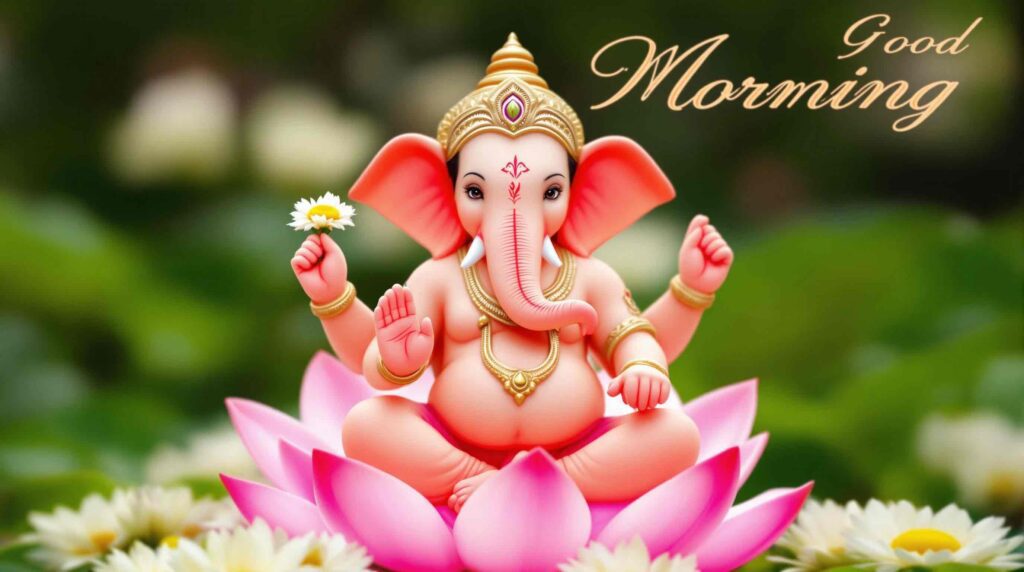 Begin your day with good morning Ganesh ji images hd, where Lord Ganesh blesses you from the sacred lotus of prosperity.