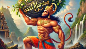 A majestic scene of “good morning images of hanuman ji,” capturing his strength and dedication as he lifts the healing mountain.