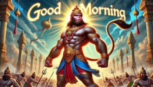 The image of “good morning images of hanuman ji” shows Lord Hanuman’s strength and power in a divine battle stance.