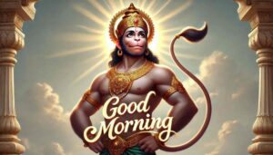 This image features divine “good morning images of hanuman ji,” showcasing his mighty appearance and strength in a heavenly setting.