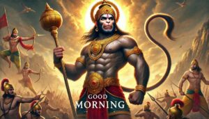 In these “good morning images of hanuman ji,” Lord Hanuman’s bravery is captured in the midst of his heroic battle.