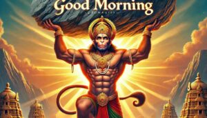 In these “good morning images of hanuman ji,” Hanuman's immense strength is displayed as he lifts the Dronagiri mountain.