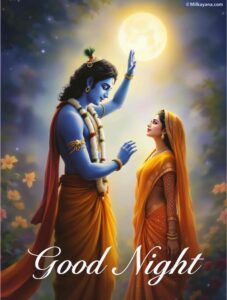 Breathtaking "good night images of Radha Krishna" in the twilight, where the fading sunlight mirrors their divine love.