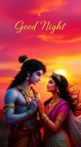 Explore stunning "good night images of Radha Krishna," where the couple shares an intimate moment during a beautiful sunset.