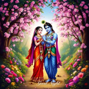 A peaceful "good night images of Radha Krishna" in a blooming garden, capturing divine love and tranquility.