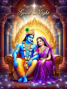 Majestic "good night images of Radha Krishna" in a celestial palace, radiating divine love and heavenly serenity.