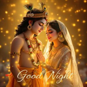 Majestic "good night images of Radha Krishna" display their regal attire and divine connection under a heavenly glow.