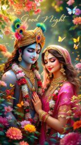 A peaceful "good night images of Radha Krishna" in a blooming garden, capturing divine love and tranquility.