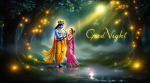 Majestic "good night images of Radha Krishna" display their regal attire and divine connection under a heavenly glow.