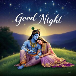 Beautiful "good night images of Radha Krishna" capture Krishna’s flute playing under the starry sky, symbolizing eternal love.