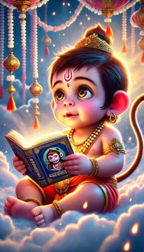 Wallpaper cute baby Hanuman images of him holding a small Hanuman Chalisa, symbolizing devotion.