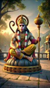 Hanuman Dada photo HD showing Lord Hanuman sitting peacefully with his mace resting beside him, radiating a divine aura of tranquility.