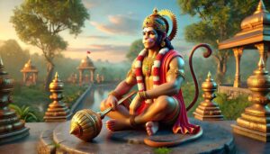 Hanuman Dada photo HD showing Lord Hanuman sitting calmly with his mace by his side, representing peace, strength, and devotion.