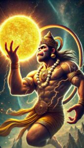 Lord Hanuman flying towards the sun, embodying divine strength, perfect for Hanuman hd pics 1080p.