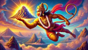 Lord Hanuman holding the sacred mountain, captured in divine and high-detail Hanuman hd pics 1080p.