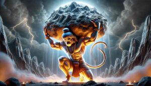 Witness Hanuman’s legendary strength as he lifts the mountain, a hyperrealistic depiction for those seeking Hanuman hd pics 1080p.