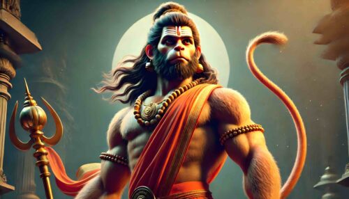 Hanuman Ji standing photo in a powerful pose, showcasing his strength and resilience.