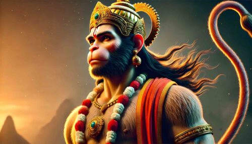 Hanuman Ji standing photo reflecting the deity’s role in the Ramayana as a loyal warrior.