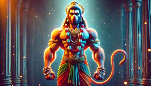 Hanuman Ji standing photo with an emphasis on his muscular build and strength.