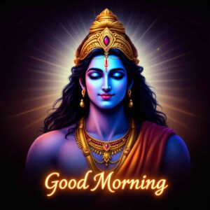 Begin your morning spiritually with jai shri ram good morning images download, featuring Lord Ram with a glowing morning halo.