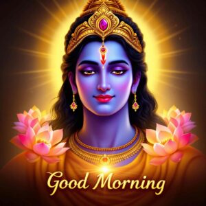 Brighten your mornings with jai shri ram good morning images download, featuring Lord Ram with a glowing golden halo and divine bow.