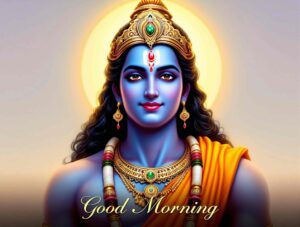 Start your day with devotion through jai shri ram good morning images download, showcasing Lord Ram adorned with a golden pearl necklace.