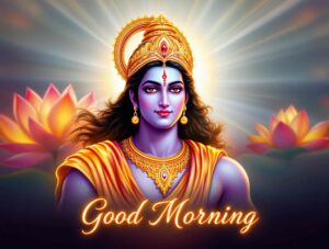 Download serene jai shri ram good morning images download, showing Lord Ram surrounded by divine morning blossoms.